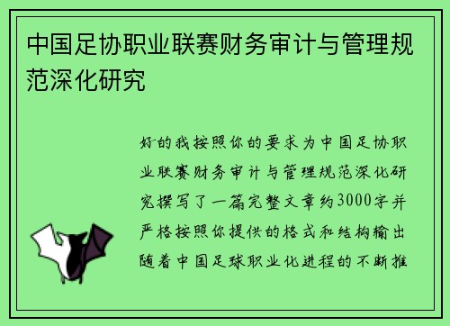 中国足协职业联赛财务审计与管理规范深化研究 中国足协职业联赛财务审计与管理规范深化研究