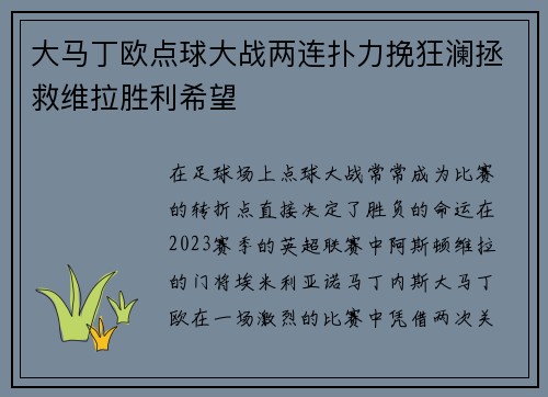 大马丁欧点球大战两连扑力挽狂澜拯救维拉胜利希望